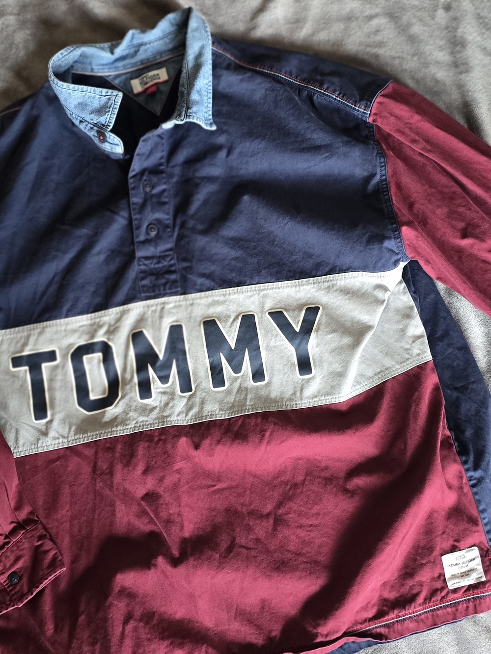 Vintage 90s Tommy Hilfiger Colorblock Rugby Shirt Denim Collar XXXL